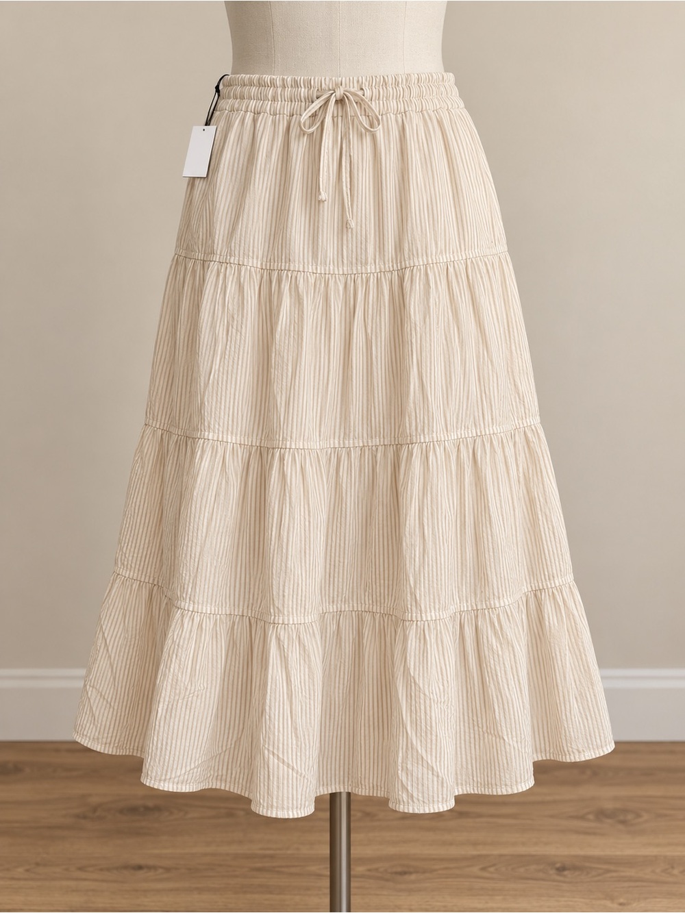 Women’s Cream Tiered Midi Skirt with Drawstring Waist NWT